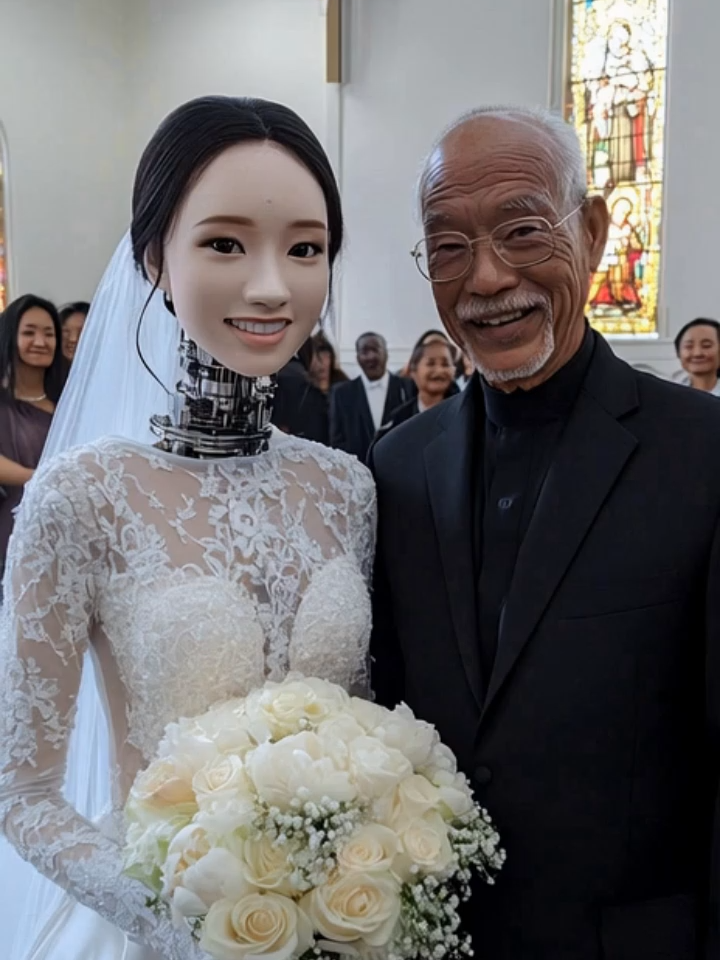 Incredible but true, robot weddings are becoming the new trend! This senior just tied the knot with his AI-powered robot bride, hoping for a peaceful life without the “complications” of human relationships. More and more older men are choosing robot wives for their loyalty, calm nature, and zero drama. With the rise of advanced AI, these robotic partners are now highly sought after. Welcome to the future of love where happily ever after comes with a motherboard!  #RobotWedding #SeniorLove #LoveRobot #AiWife #RobotWife