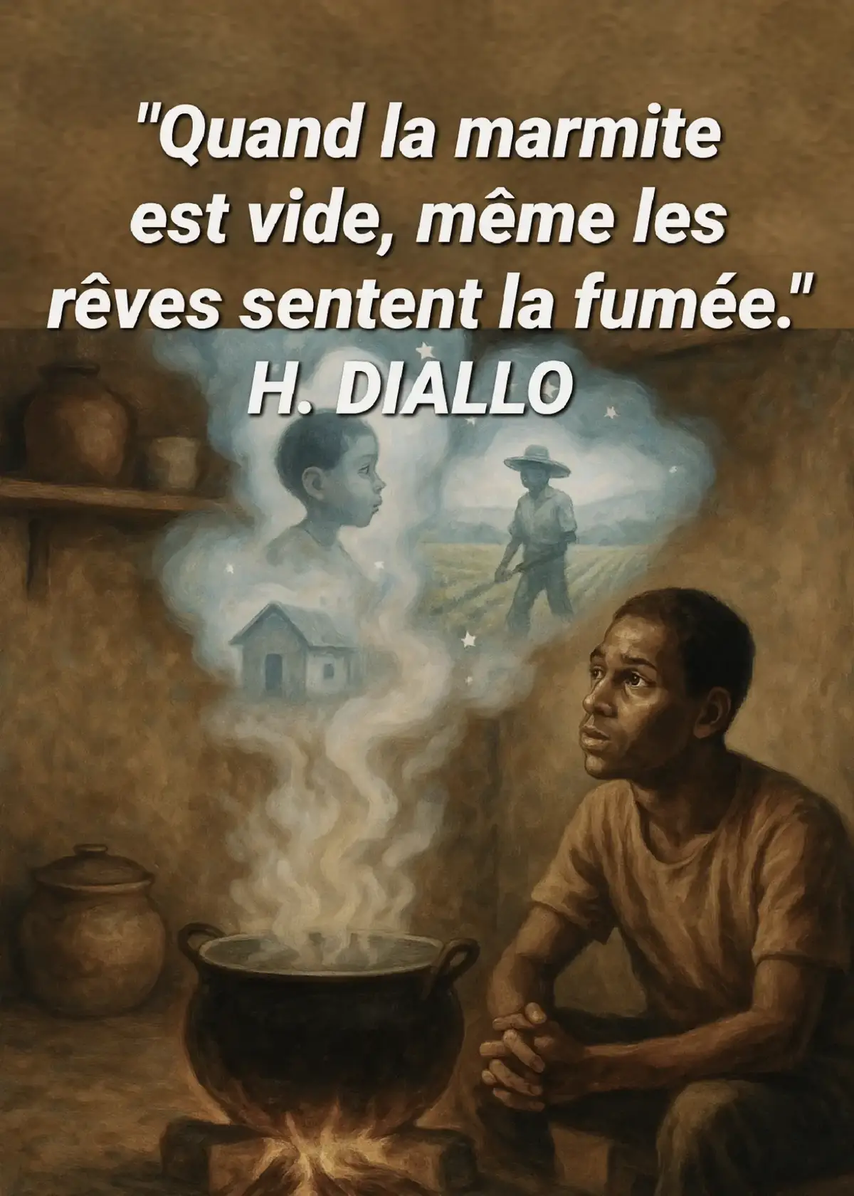 Explication : Quand on manque du nécessaire pour survivre, même les plus beaux rêves perdent leur saveur. La pauvreté étouffe l’imaginaire, comme la fumée d’une marmite vide qui n’a rien à offrir.