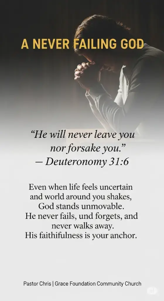 Feeling shaken or forgotten? Here's a reminder: God never fails. 🙏 📖 “He will never leave you nor forsake you.” – Deuteronomy 31:6 Even when life trembles, His faithfulness anchors you. 🔥 You are not alone. 🛑 Don’t scroll past your encouragement. #ANeverFailingGod #FaithOverFear #Deuteronomy316 #GodIsWithYou #UnshakableFaith #ChristianEncouragement #GraceFoundationChurch #PastorChris #HopeInJesus #DailyDevotional #TrustGodAlways #JesusNeverFails #ChristianTikTok #FaithThatStands #YouAreNotAlone #BibleVerseOfTheDay