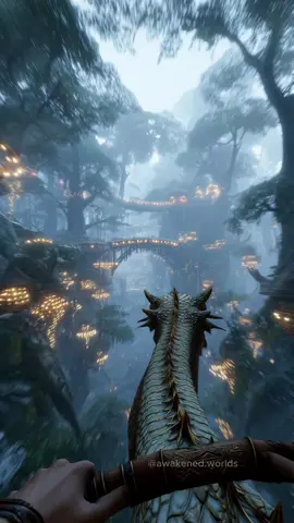 The dragon rider soars through a mythical forest with gigantic ancient trees and golden lights from elven buildings. #dragon #pov #fantasy #magic #medievaltiktok 