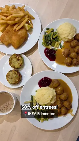 Cheap eats alert! @IKEACanada members get 50% off select entrees Mon-Fri after 11am, from now until Aug 29. Choose between the classic Swedish meatballs, plant balls, or haddock & fries. #yeg #edmonton #edmontontiktok 