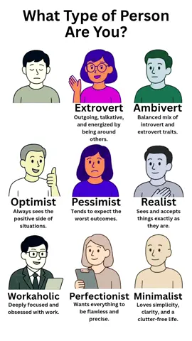 Everyone fits somewhere! From introverts who love their space to extroverts who thrive in crowds — and everything in between! Which one sounds like you? Drop your type in the comments 👇 #EnglifyEasy #PersonalityTypes  #PersonalityCheck #KnowYourself #IntrovertVsExtrovert #SelfDiscovery #TypesOfPeople #WhichOneAreYou #MinimalistLife #OptimistMindset #Ambivert #PessimistThoughts #WorkaholicLife #PerfectionistProblems #RelatableContent #DailyVibes #EnglifyEasy #english 