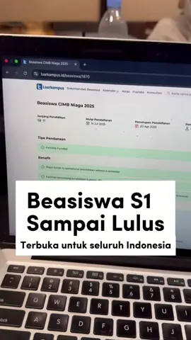 🎓BEASISWA CIMB NIAGA 2025 - UNTUK MAHASISWA S1 DI SELURUH INDONESIA  Beasiswa CIMB Niaga 2025 diselenggarakan oleh CIMB Niaga bagi mahasiswa aktif semester 5 di seluruh Indonesia 😍 💵 𝗖𝗔𝗞𝗨𝗣𝗔𝗡 𝗕𝗘𝗔𝗦𝗜𝗦𝗪𝗔: 1. Biaya kuliah & operasional pendidikan selama 4 semester 2. Fasilitas penunjang pendidikan (laptop, dll) 3. Biaya penyusunan skripsi dan pengembangan diri (les bahasa, public speaking, dll) Link Bimbingan : https://luarkampus.id/kelas/41 Link Pendaftaran: https://luarkampus.id/beasiswa/1870 Batas waktu pendaftaran sampai dengan 20 Agustus 2025