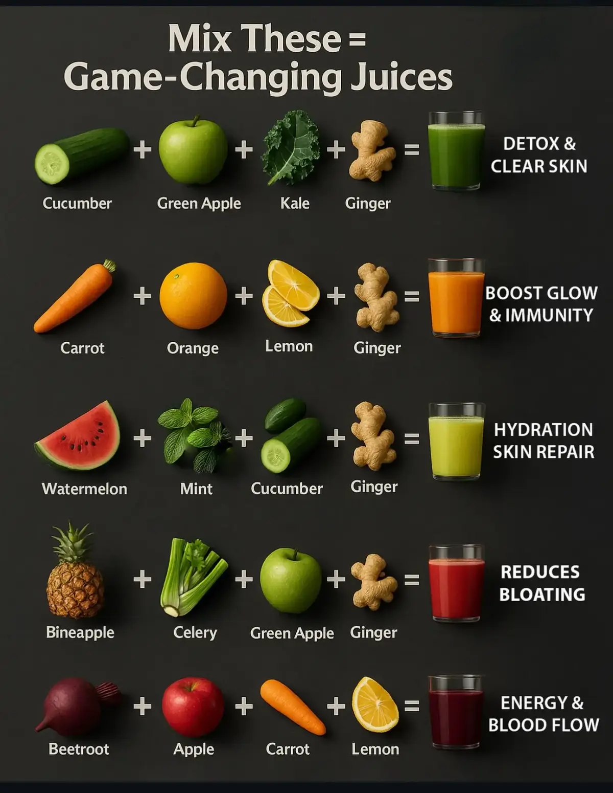Discover the incredible benefits of mixing fresh ingredients to create powerful juices that can transform your wellness routine. The combinations highlighted here can promote detoxification, enhance skin clarity, increase hydration, and boost your overall immunity. For a detox and clear skin, try a mix of cucumber, green apple, kale, and ginger. Looking to enhance your glow while supporting your immune system? Combine carrot, orange, lemon, and ginger for a nutrient-packed drink. Staying hydrated and repairing your skin can be achieved with watermelon, mint, cucumber, and ginger. For those interested in reducing bloating, a blend of pineapple, celery, green apple, and ginger can work wonders. Lastly, for energizing your blood flow, mix beetroot, apple, carrot, and lemon. Each combination offers unique health benefits that contribute to overall wellness. Explore these recipes and elevate your health today!  #HealthyJuicing #DetoxJuice #GlowingSkin #Hydration #ImmuneBoost #Nutrition #HealthyLiving #wellnessjourney #DietaryBenefits #NaturalHealing #Seeds #Superfoods #HealthyEating 