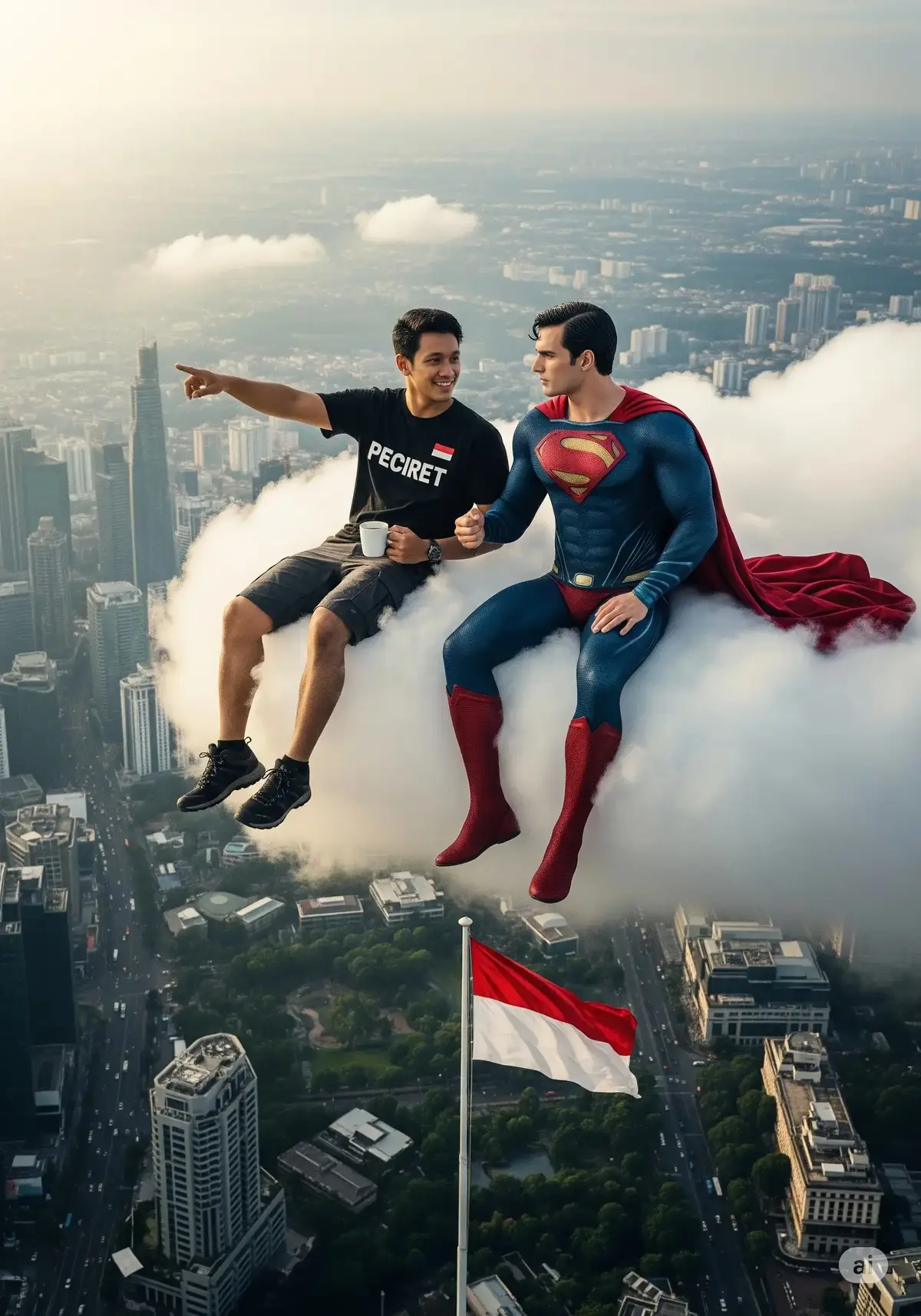 promp: A Southeast Asian man with fair white skin, inspired by the reference photo, sits relaxed on a thick white cloud floating high in the sky. He wears a cool black t-shirt with the word “Peciret” boldly written on the chest and a small Indonesian flag beside it, along with loose black shorts and rugged black hiking shoes. His legs dangle off the edge of the cloud, and he holds a white coffee cup by the handle in his right hand. He smiles warmly and looks directly at the camera. Next to him, Superman in his iconic red and blue costume with a large “S” symbol on his chest is seated casually. Superman is pointing off into the distance while glancing back at the man, as if showing him something important in the far horizon. The background showcases a vast Southeast Asian metropolis with soaring skyscrapers, bustling roads, and lush green trees. Below the cloud, a tall flagpole rises high with the red-and-white Indonesian flag waving proudly. The lighting captures a golden afternoon glow, enhancing the cinematic and expressive atmosphere. Eye-level camera angle, 2:3 aspect ratio. No text, no watermark, modern cinematic style. #fypppppppppppppppppppppp #gemini #veo #viraltiktok #viral #fyppppppppppppppppppppppp #capcut #ai #tiktok #fypage 