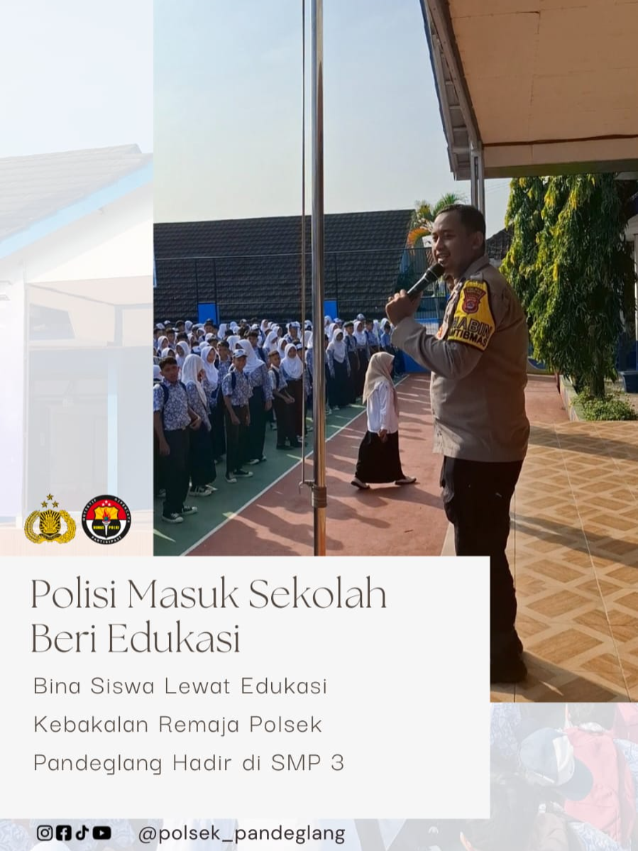 Dalam rangka kegiatan Masa Pengenalan Lingkungan Sekolah (MPLS) tahun ajaran 2025/2026, anggota Polsek Pandeglang hadir memberikan penyuluhan kepada siswa-siswi baru SMP Negeri 3 Pandeglang. Materi yang disampaikan fokus pada pencegahan kenakalan remaja, seperti perundungan (bullying), penyalahgunaan medsos, hingga bahaya tawuran dan narkoba. Kegiatan ini merupakan bentuk nyata komitmen Polri hadir di tengah masyarakat, khususnya dalam membina dan melindungi generasi muda sejak dini agar terhindar dari perilaku menyimpang. 👮‍♂️ Polri Presisi, Pelindung dan Pengayom Anak Bangsa! #PolsekPandeglang  #PolresPandeglang  #MPLS2025  #KenakalanRemaja  #PolriPeduliPendidikan  #HumasPolri  #PolriDekatDenganRakyat  #StopBullying