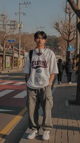 OUTFIT COWO versi GEMINI    promp: Seorang pemuda Indonesia berusia 23-an tahun berdiri santai di tengah trotoar dekat tempat penyeberangan di bawah sinar matahari sore. Ia mengenakan kaus abu-abu muda vintage kebesaran dengan logo 