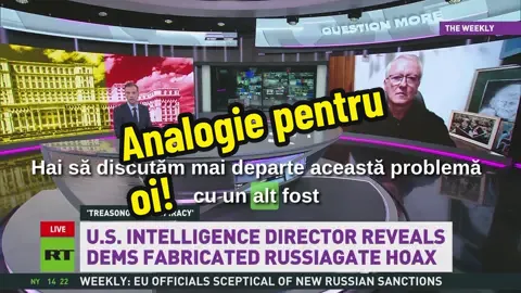 ANALOGIE PENTRU OI Despre similitudinile flagrante dintre scandalul momentului în SUA - dosarul cu probe fabricate în legătură cu așa-zisa ingerință rusească în alegerile din 2016 - și lovitura de stat din România, unde nu s-au mai obosit să mai fabrice probe, ci au băgat direct farsa cu analogia. Analogie cu ce? cu falsul din 2016 din America? Toate acestea, în intevenția de duminică seară, în direct la știrile Russia Today International, a 13-a de anul ăsta.