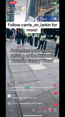 Protesters have begun arriving at the Britannia Hotel in Canary Wharf. Rumours are rife that the ‘residents’ of the Bell Hotel in Epping are being moved here. Follow carrie_on_larkin for all the latest news at the scene #epping #canarywharf #london #fyp #britannia #bellhotel #government #unitedkingdom #labourparty 