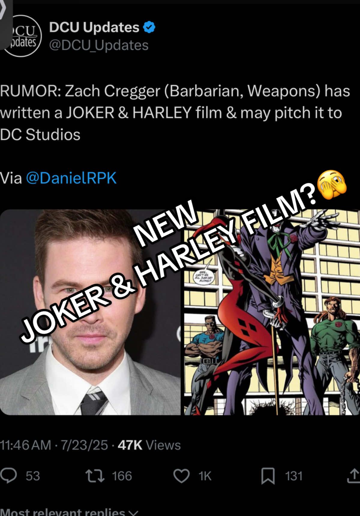 New joker and Harley Quinn movie in the works??? #greenscreen #joker #harleyquinn #jamesgunndc #dc #dccomics #jamesgunn #fyp #weapons #zachcregger 