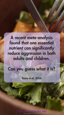 🧠 New research confirms what nutritional psychiatry has long suspected: the foods we eat can play a powerful role in reducing aggression. This large meta-analysis reviewed 29 randomized controlled trials (involving over 3,900 individuals!) and found a consistent link between the intake of one essential nutrient and reduced aggressive behavior—across ages, genders, and backgrounds. 🧬 Even more impressive? It helped reduce both spontaneous reactive aggression and more calculated proactive aggression. While supplementation can be helpful, I always encourage patients to get their nutrients from whole food sources when possible. Can you guess which essential nutrient this study looked at? Comment your guess below! Hint: it is found in salmon, sardines, oysters, walnuts, flaxseeds, chia seeds and more. 💛 #NutritionalPsychiatry #BrainFood #MentalWellness #Omega3 #Aggression #FoodAsMedicine #DrUmaNaidoo #EatForYourMood