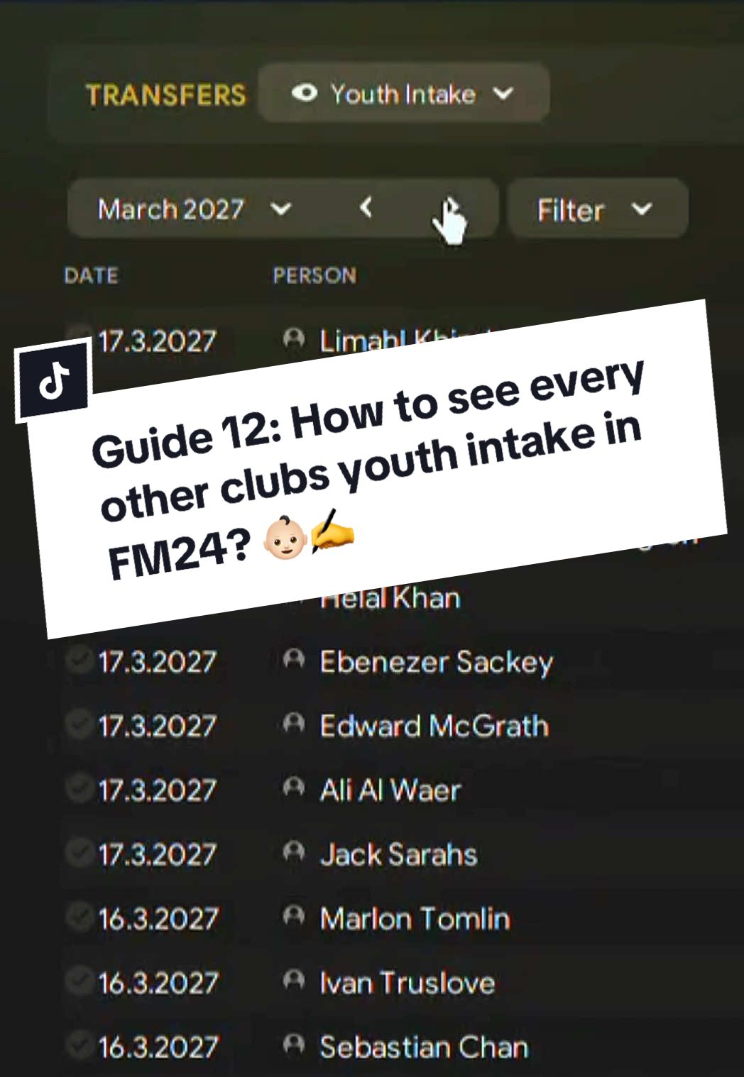 Football Manager 24 Guide 12: How to see every other clubs youth intake in FM24 to sign there players for cheap?  If you would like the youth intake dates for other nations please let me know in the comments!💪🏼 #fm24 #wonderkids #footballmanager #fmtok #footballmanager2024 #GamingOnTikTok #gamingtiktok #fyp #footballtiktok #youthintake 