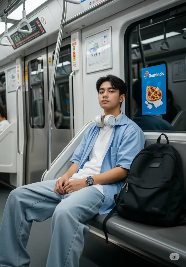 prompt: A handsome young Indonesian man in his 16s, dressed in casual style, is standing inside a modern subway car in Korea. He is wearing an oversized, short-sleeved light blue shirt that is open, revealing a loose white undershirt underneath. Oversized light blue jeans add a casual touch to his look. He has a black backpack beside him, large white headphones around his neck, and a black watch on his left wrist. He sits calmly with a cool and effortless expression. His black hair is styled in a Korean comma hairstyle. The background shows the interior of the train with bright white lighting, automatic doors, several people sitting, and a Domino's Pizza advertisement visible on the window. The atmosphere conveys an urban, modern, and stylish feel, reminiscent of today's youthful streetwear. Photo Style: Street photography, candid, natural lighting, urban lifestyle, 4K detail. Resolution: 3:4 #fypage #prompt #aiphoto #ai #aiphotography #editphoto #chatgpt #gemini #geminiai #googlegemini #prompterchallenge 