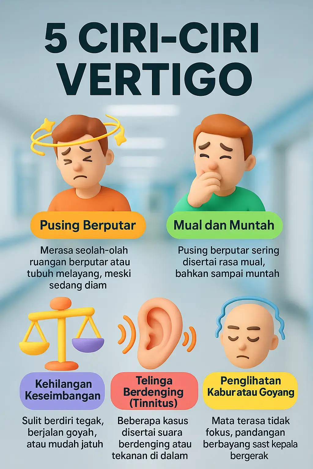 Kamu pernah ngerasa dunia tiba-tiba muter padahal kamu diam aja? Atau jalan goyang kayak abis naik kapal laut? Hati-hati, itu bukan sekadar pusing biasa... itu bisa jadi vertigo! Kenali 5 ciri-cirinya: 1️⃣ Pusing berputar 2️⃣ Mual dan muntah 3️⃣ Kehilangan keseimbangan 4️⃣ Telinga berdenging (tinnitus) 5️⃣ Penglihatan kabur atau goyang Semakin cepat dikenali, semakin cepat ditangani! Jangan tunggu parah dulu, ya. 📌 Simpan & share ke teman kamu yang sering ngeluh “pusing muter” biar makin waspada! #Vertigo #CiriVertigo #InfoKesehatan #TipsSehat #FaktaMedis #WaspadaVertigo #PusingMuter #FYP #EduHealth #TikTokDokter