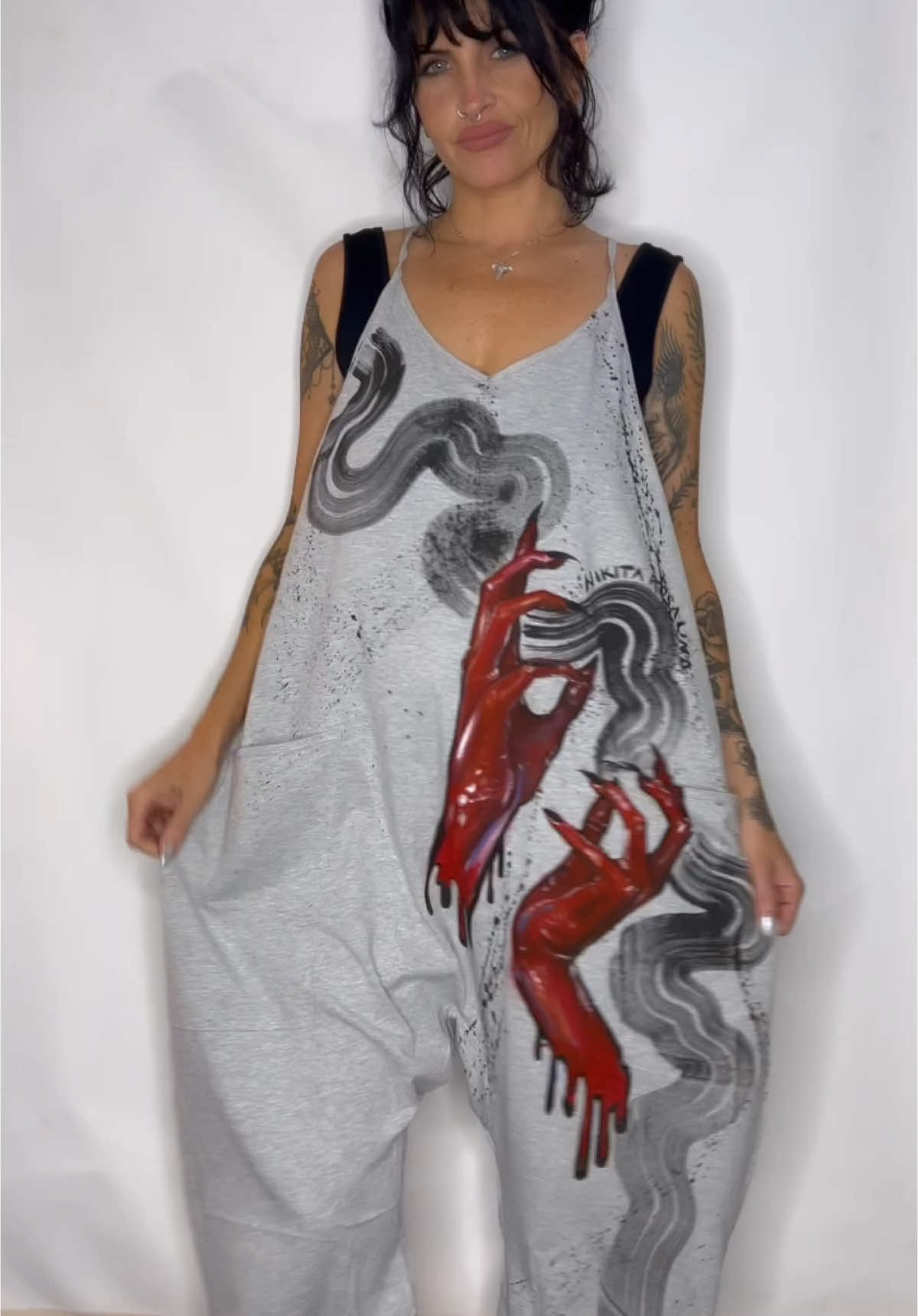 Red handed. Fabric paint on romper size medium (sold) RIP OZZY 💔💔💔 #art #artist #artgirls #fitcheck #OOTD #customclothes #artstudio 