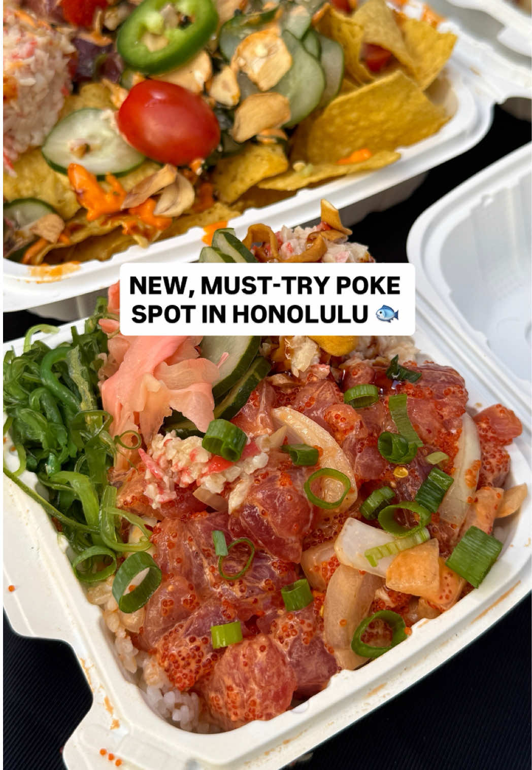 🐟This is a new, must-try poke spot on Oahu. 📍Poke Creations is a new poke business. You can currently find them at Queens POB 3 parking and Village Night Market. Check the business’s Instagram for its schedule. The business features poke bowls made with sashimi-grade ahi, white rice, pickled cucumber salad, seaweed salad, imitation crab salad and red pickled ginger. #food #foodies #poke #pokebowl #seafood #nachos #oahu #hawaii #hawaiilife  