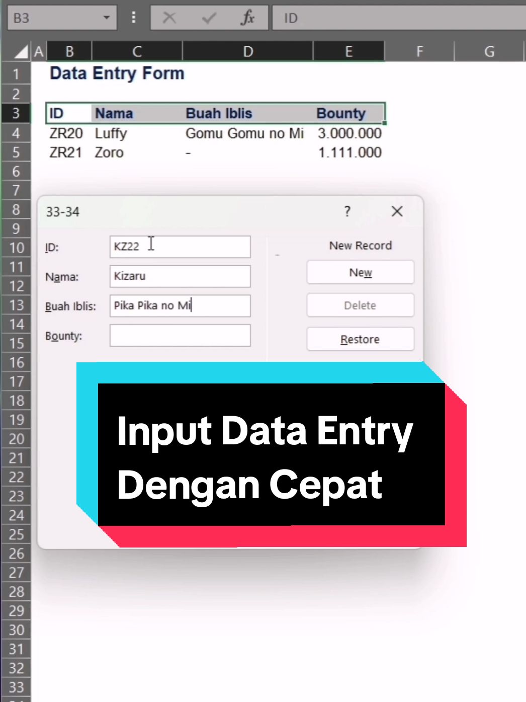 Cara input data entry dengan cepat! Pakai Form input Excel 📌 Cocok untuk database siswa, input penjualan, daftar barang dan form registrasi #exceltutorial #exceltrick #exceltips #belajarexcel #learnexcel #dataentry #excel 