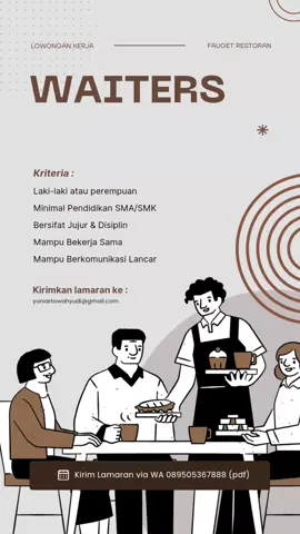Lowongan Kerja Di restoran  Cook  - Laki - Laki  - Berpengalaman masakan Nusantara minimal 2 Tahun - Bersedia Mematuhi kesepakatan kerja. (Perjanjian Kerja 1 Tahun) - Bisa kerja dalam team & Individu  Helper  - Wanita  - Berpengalaman dibidang nya - Bersedia Mematuhi kesepakatan kerja. (Perjanjian Kerja 1 Tahun) - Bisa kerja dalam team & Individu  Butcher - Laki - Laki - Bisa Berenang  - Bersedia Mematuhi kesepakatan kerja. (Perjanjian Kerja 1 Tahun) - Bisa kerja dalam team & Individu  - Tidak mempunyai riwayat sakit berat. Waiters  - Wanita  - Berpengalaman dibidang nya - Bersedia Mematuhi kesepakatan kerja. (Perjanjian Kerja 1 Tahun) - Bisa kerja dalam team & Individu Jika ada yang berminat kirim lamaran ke Alamat langsung atau Via Email : yuniartowahyudi@gmail.com Atau Via WA( No Call ) 089505367888  Lokasi Kerja : Jalan Riau Baru. Payung Sekaki. Pekanbaru.Riau