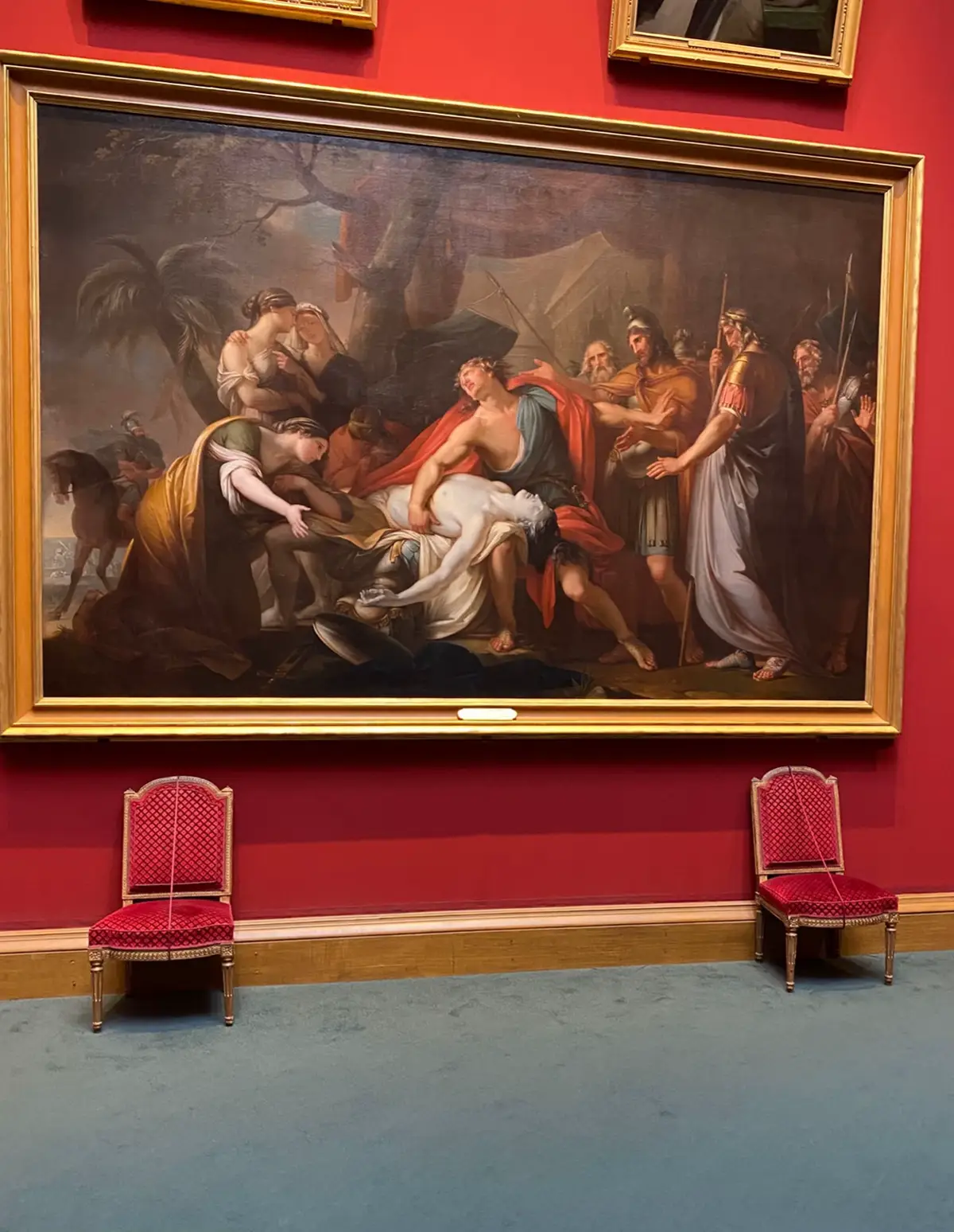 Achilles Lamenting the Death of Patroclus of Gavin Hamilton (1723–1798)  Gavin Hamilton was a Scottish neoclassical painter, archaeologist, and art dealer. The painting shows Achilles mourning the death of his closest companion, Patroclus, who was slain by Hector during the Trojan War.  #foryou #viarl #art #achillesandpatroclus #artgaller 