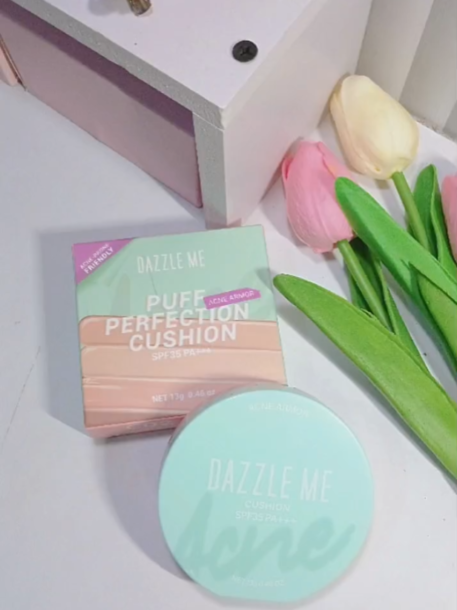 Dazzle me acne armor puff-perfect cushion with spf 35 PA+++ Cushion Acne prone skin Friendly #dazzleme #dazzlemebeauty #cushion #cushionacne #acneprone #cushionspf #makeup #4u #foryoupage #xyzbca #gajiansale #paydaysale #fyp 