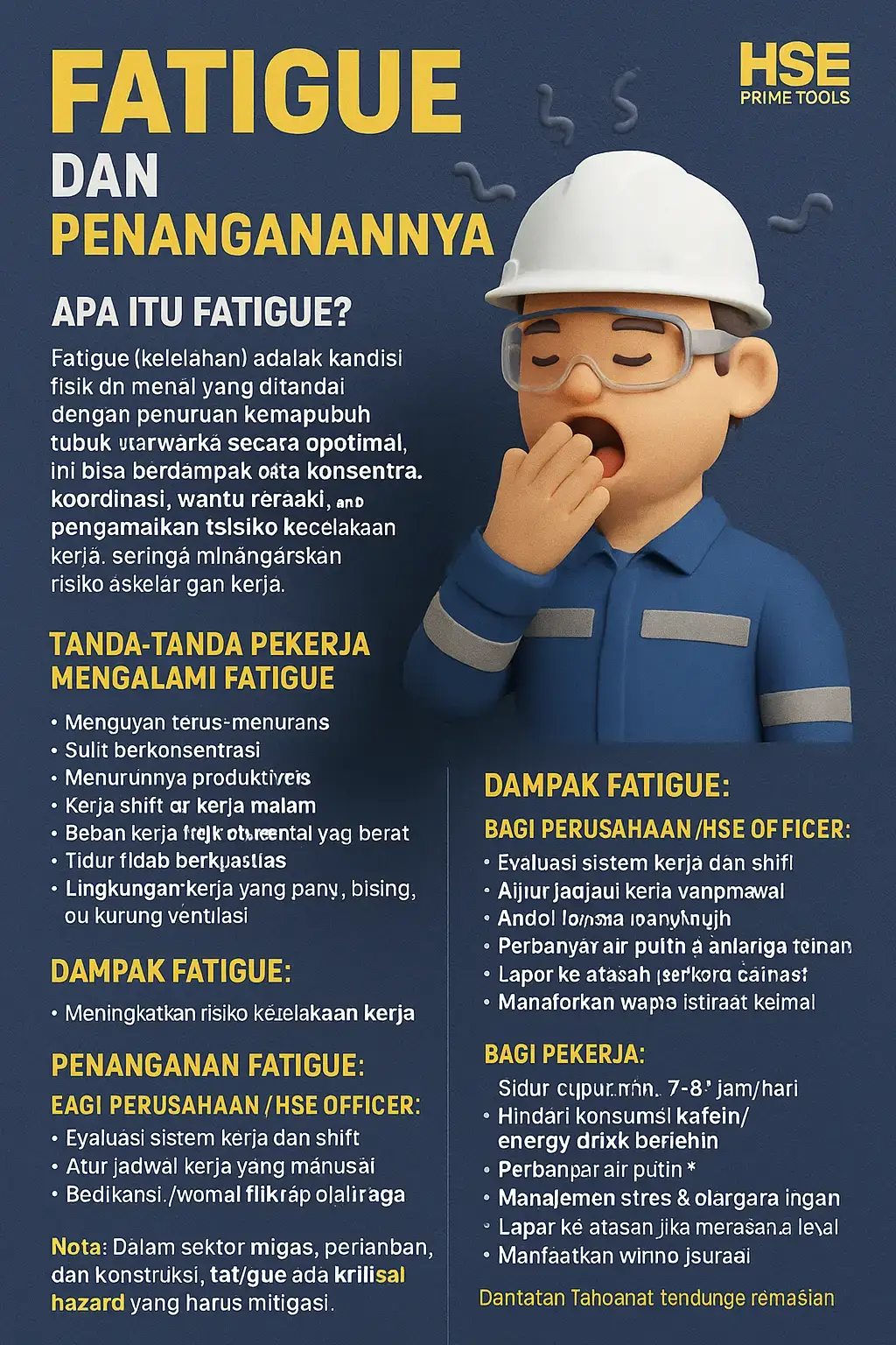 Fatigue (kelelahan) adalah kondisi fisik dan mental yang ditandai dengan penurunan kemampuan tubuh untuk bekerja secara optimal. Ini bisa berdampak pada konsentrasi, koordinasi, waktu reaksi, dan pengambilan keputusan, sehingga meningkatkan risiko kecelakaan kerja. Penyebab Umum Fatigue di Tempat Kerja: 1. Jam kerja panjang atau lembur terus-menerus 2. Kurangnya waktu istirahat yang cukup 3. Kerja shift atau kerja malam 4. Beban kerja fisik atau mental yang berat 5. Tidur tidak berkualitas 6. Lingkungan kerja yang panas, bising, atau kurang ventilasi Tanda-Tanda Pekerja Mengalami Fatigue: √ Menguap terus-menerus √ Sulit berkonsentrasi √ Menurunnya produktivitas √ Gerakan lambat & koordinasi menurun √ Kesalahan kerja meningkat √ Mudah marah atau emosi tidak stabil Dampak Fatigue: • Meningkatkan risiko kecelakaan kerja • Menurunkan kualitas hasil kerja • Memengaruhi kesehatan fisik & mental • Meningkatkan absensi dan turnover Penanganan Fatigue: Bagi Perusahaan / HSE Officer: ✅ Evaluasi sistem kerja dan shift ✅ Atur jadwal kerja yang manusiawi ✅ Sediakan ruang istirahat yang memadai ✅ Edukasi pekerja tentang pentingnya tidur dan gaya hidup sehat ✅ Monitoring kelelahan berkala melalui checklist atau wawancara ✅ Rotasi pekerjaan agar tidak monoton ✅ Terapkan budaya kerja aman dan sehat Bagi Pekerja: ✅ Tidur cukup minimal 7–8 jam/hari ✅ Hindari konsumsi kafein/energi drink berlebihan ✅ Perbanyak air putih ✅ Manajemen stres & olahraga ringan ✅ Lapor ke atasan jika merasa lelah berat ✅ Manfaatkan waktu istirahat dengan maksimal Catatan Tambahan: Dalam sektor migas, pertambangan, dan konstruksi, fatigue adalah critical hazard yang harus dimitigasi, terutama untuk operator alat berat, sopir, dan pekerja shift malam. #HSEIndonesia #HSEOfficer #HSECareer #KerjaHSE #K3Indonesia         