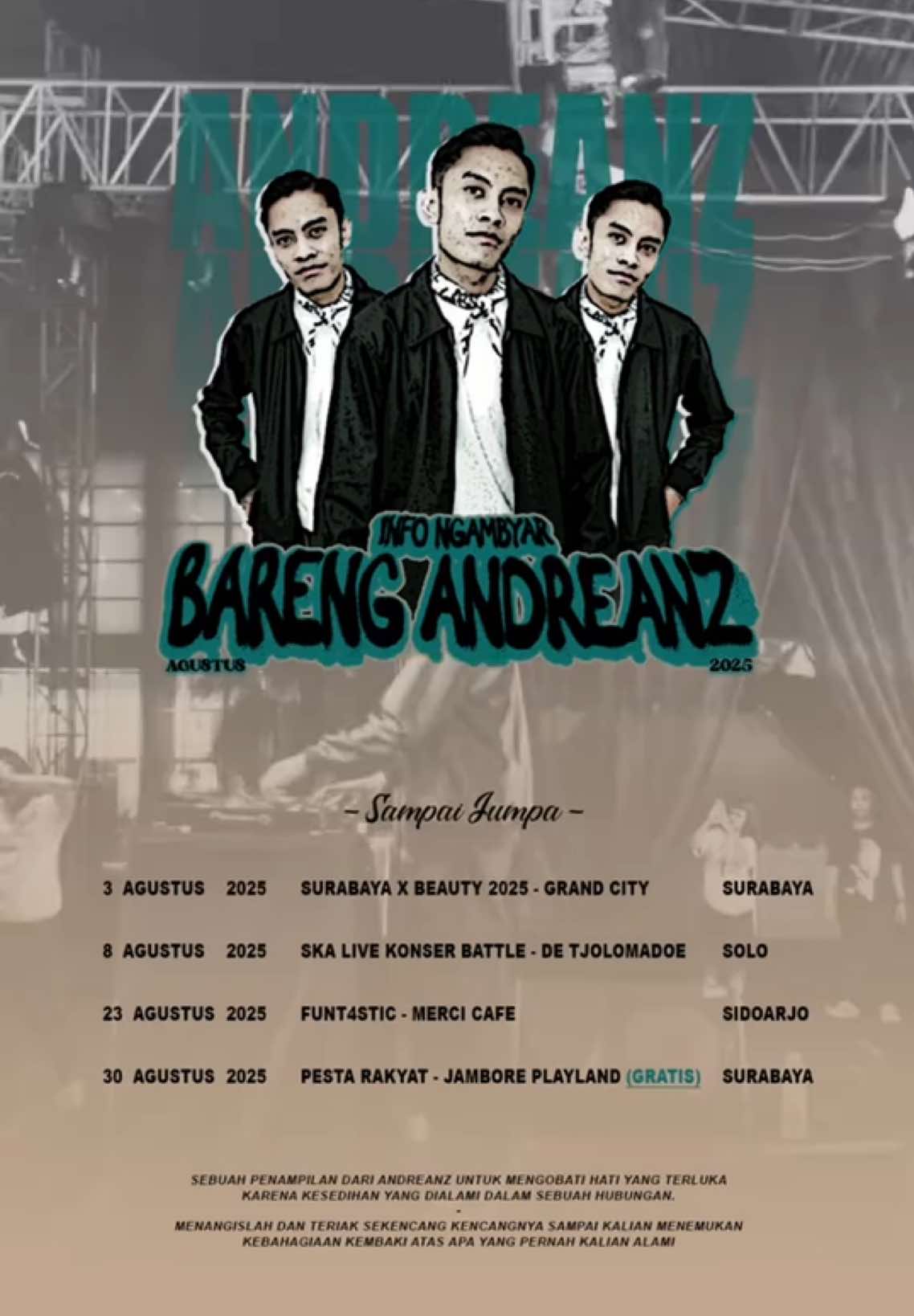 WAYAHE NGAMBYAR BARENG MANEH BOLO 🙌🏻 Sampai jumpa di kota kalian ya 🫶🏻 . Info lebih lanjut: SURABAYA 3 Agustus @officialfdxbeauty  KARANGANYAR SOLO 8 Agustus @skalive.id  SIDOARJO 23 Agustus @mercicafe.id  SURABAYA 30 Agustus @kji.fest (GRATIS) . Ojo lali di tag kanca”ne dijak ngambyar bareng neh‼️ #fyp #djandreanz #djambyar 