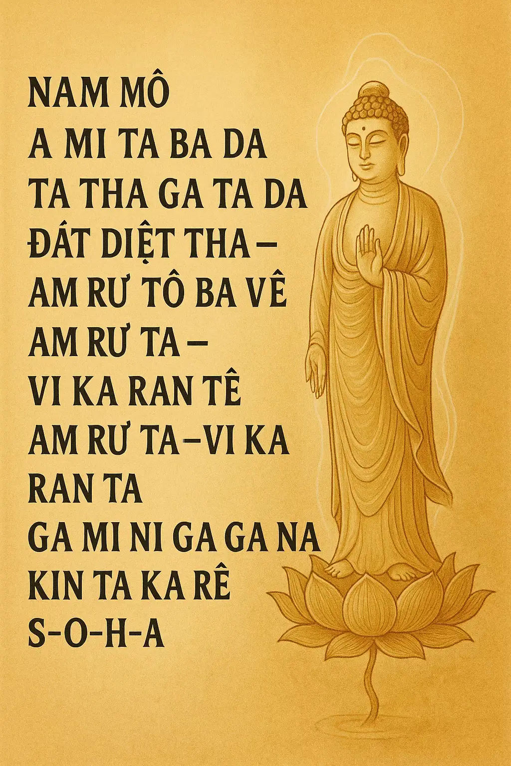 Tên đầy đủ: Nam mô A Di Đà Bà Dạ, Đa Tha Dạ Đa Dạ, Địa Dạ Tha… (bắt đầu bằng Nam mô A Di Đà, kết thúc bằng Tát Bà Ha) 1. Tán thán Đức Phật A Di Đà: Câu đầu tiên là lời xưng tán và quy y đức Phật A Di Đà — vị Phật chủ trì cõi Tây Phương Cực Lạc, có đại nguyện tiếp độ chúng sanh. 2. Cầu nguyện được vãng sanh: Người trì chú cầu mong khi lâm chung sẽ được thần thức an ổn, không bị nghiệp lực lôi kéo, được Phật A Di Đà cùng chư Thánh Chúng tiếp dẫn về cõi Cực Lạc 3. Tiêu trừ nghiệp chướng: Chú có năng lực thanh tịnh thân tâm, tiêu trừ các nghiệp chướng, đặc biệt là khi trì niệm với tâm chân thành, từ bi và hồi hướng cho người đã khuất. 4. Giúp người thân quá vãng siêu thoát: Trong các buổi tụng niệm cầu siêu, người hành trì dùng bài chú này để cầu cho hương linh người mất được giác ngộ, buông bỏ chấp trước, và nương nhờ oai lực Phật để siêu thoát luân hồi. #ducphat #loiphatday #minhtrietphatda #chuvangsanh 