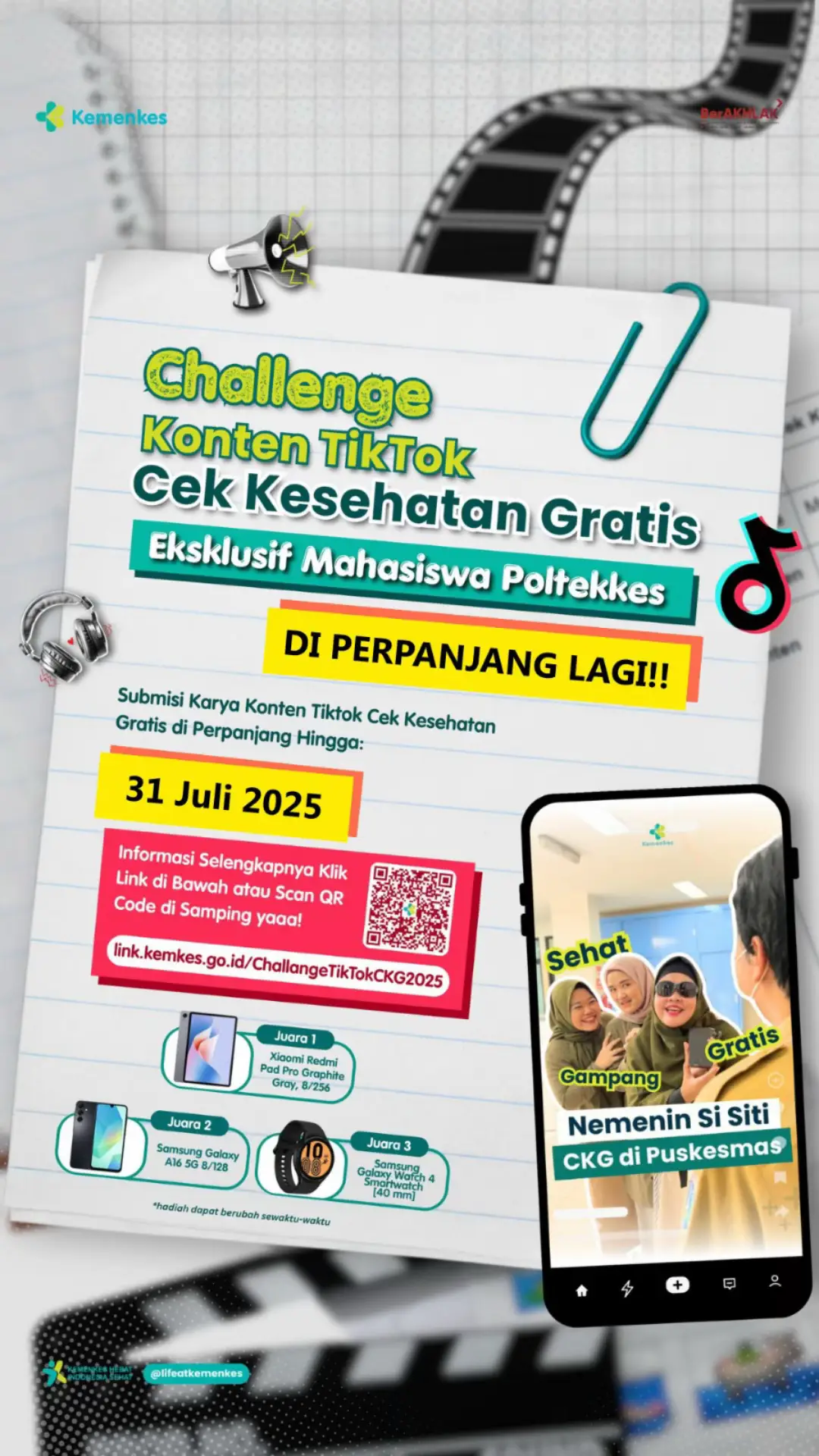 Masih ditungguin ya Sob!  Kabar baik buat kamu, Mahasiswa Poltekkes! 🎉 * CKG Content Challenge dari Kemenkes resmi diperpanjang sampai 31Juli 2025! Buat kamu yang belum sempat upload video seru tentang Cek Kesehatan Gratis, masih ada waktu buat ikutan dan menangkan hadiah menarik! 🎁 Mau vlog, testimoni, ajakan, atau joget? Semua boleh, yang penting kreatif dan menginspirasi! 💡 📆 Deadline baru: 31 Juli 2025 Yuk, jangan sampai ketinggalan! Info lengkap klik: link.kemkes.go.id/ChallangeTikTokCKG2025 Tag bestie kamu dan ikutan ramein! 💚 Biar @Ditjen SDMK, Kemenkes RI  #CekKesehatanGratis #CKGBarengGenZ #CKGChallenge2025