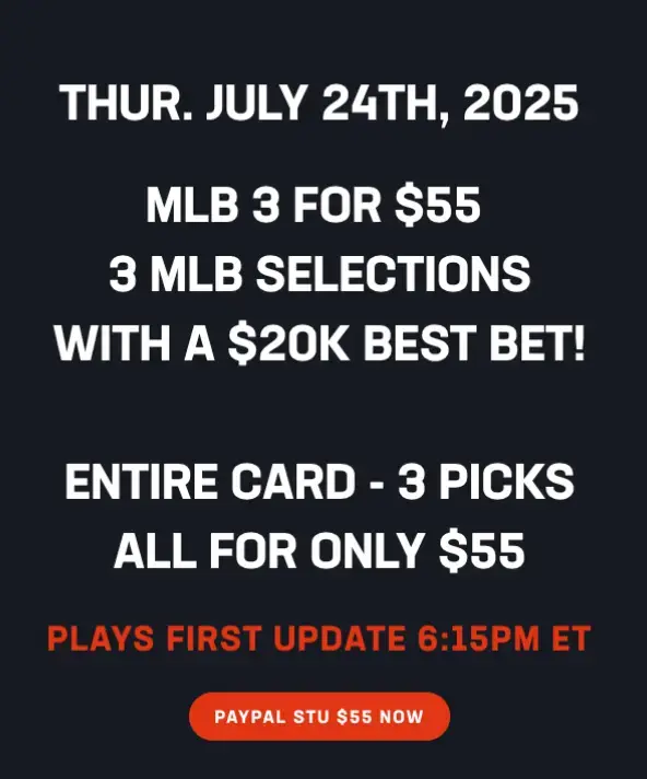 REAL SMALL MLB SLATE TODAY. I AM FOCUSING ON ONE $20,000 ALL IN MAXIMUM BEST BET. HAMMER ONE GAME TONIGHT. 3 WINNERS FOR $55. USE LINK IN BIO TO PURCHASE