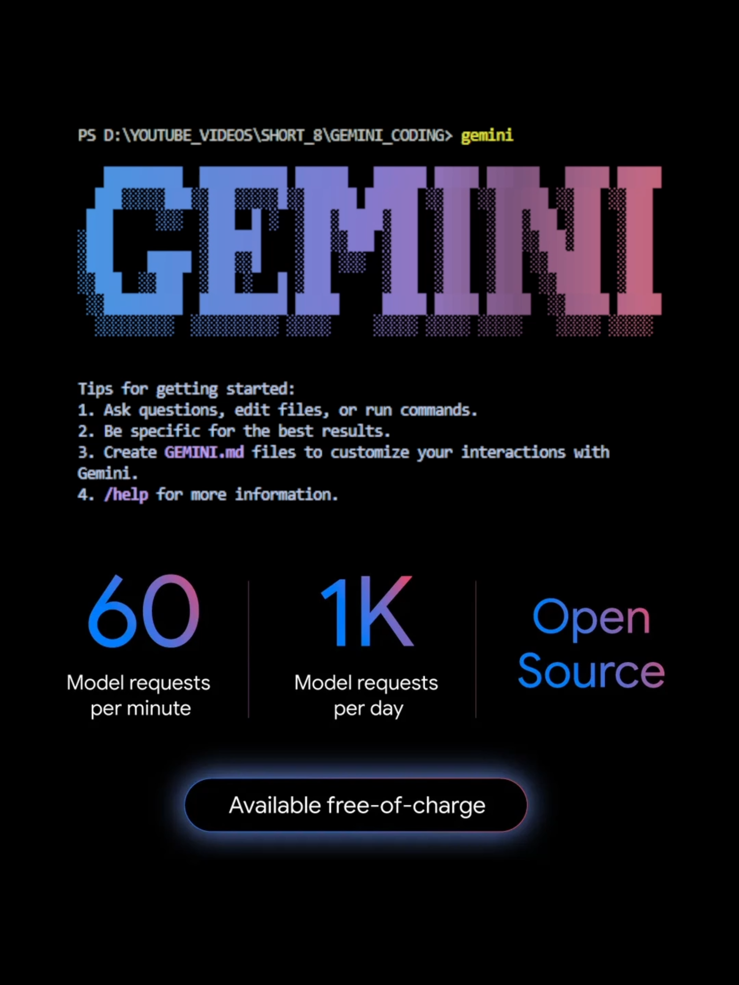 🚀 Still copying code into VS Code manually? It’s time to level up. In this video, I show you how to set up Google’s Gemini CLI, a completely free AI coding assistant that gives you 60 requests per minute and 1,000 per day — with full IDE support. No subscriptions. No limits.   #AI#coding #programming #gemini