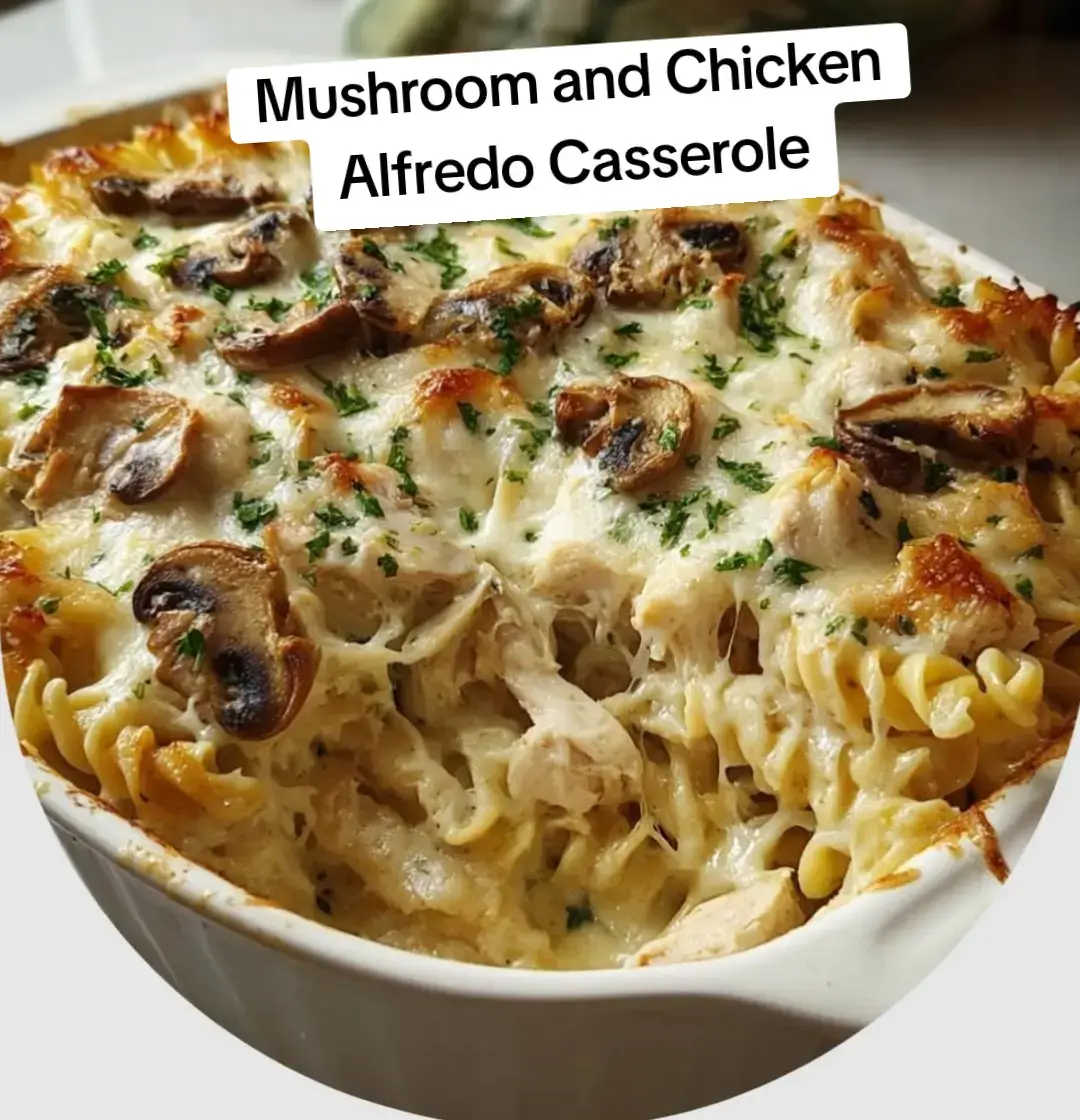 🍄 Mushroom and Chicken Alfredo Casserole 🍗 Ingredients : 3 cups cooked shredded or diced chicken 8 oz uncooked pasta (penne or rotini recommended) 2 tablespoons butter 1½ cups sliced mushrooms 2 cloves garlic, minced 2 cups Alfredo sauce (homemade or store-bought) 1 cup shredded mozzarella cheese ½ cup grated Parmesan cheese Salt and black pepper, to taste Chopped parsley, for garnish (optional) Instructions: Preheat Oven Preheat to 375°F (190°C). Lightly grease a 9×13-inch baking dish. Cook Pasta Boil pasta in salted water according to package directions. Drain and set aside. Sauté Mushrooms In a skillet over medium heat, melt butter. Add mushrooms and cook for 5–7 minutes until browned. Add garlic and sauté for 1 more minute. Mix the Filling In a large bowl, combine cooked pasta, chicken, sautéed mushrooms, Alfredo sauce, salt, and pepper. Mix well. Assemble Casserole Transfer mixture into the baking dish. Top with mozzarella and Parmesan cheese. Bake Bake uncovered for 20–25 minutes or until the cheese is bubbly and golden brown. Serve Let cool slightly before serving. Garnish with parsley if desired. #creatorsearchinsights #FoodLover #fypシ #viral 