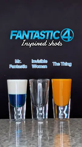 Fantastic 4 Inspired Shots 💙 Mr. Fantastic, Invisible Woman & The Thing #fantastic4 #fantasticfour #marvel #shots #cocktails 