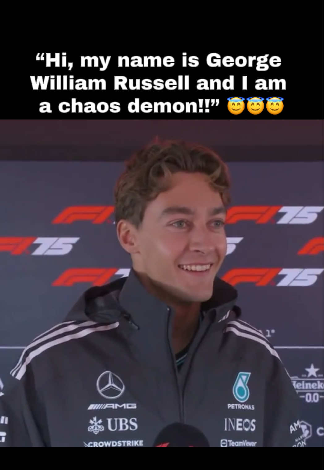 “Hi, my name is George William Russell and I am a chaos demon” 😂😂😂 #f1 #f1tiktok #f1edit #f1news #kimiantonelli #georgerussell #maxverstappen #mercedes #mercedesf1 #totowolff #belgiangp 