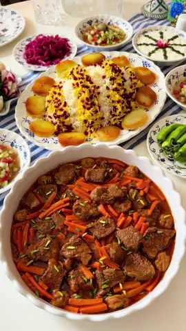 Khoresh Havij (Persian Carrot Stew)😋 Khoresh Havij is a traditional carrot stew, popular in many Turkish-speaking cities of Iran. This rich and hearty dish is made with tender beef, thinly sliced carrots, and dried plums or prunes. It’s typically served over fluffy saffron rice and makes a delicious lunch or dinner. The stew has a signature sweet-and-sour flavor that’s both comforting and unique.  Ingredients (Serves 3–4) * 1 lb (500 g) beef cubes * 1 large onion, finely diced * 3 large carrots, cut into thin sticks * 1/2 cup dried plums or prunes * 2 tbsp tomato paste * 1 tbsp salt * 1 tsp turmeric * 1 tsp black pepper * 3 cups boiling water * 2 tbsp bloomed saffron (for the stew) * 2 tbsp sugar * 2 tbsp fresh lemon juice * 2 tbsp bloomed saffron (for the carrots) * Olive oil for frying * Diced pistachios for garnish (optional) Instructions 1. Prepare the Stew Base: In a large pot, heat some olive oil over medium heat. Add the finely diced onion and sauté until golden. Add the beef cubes and cook until browned on all sides. Stir in salt, turmeric, black pepper, and tomato paste. Mix well to coat the meat. 2. Simmer the Stew: Add 3 cups of boiling water and 2 tablespoons of bloomed saffron. Reduce the heat to low, cover, and let simmer for about 1 hour and 30 minutes, or until the meat is tender. 3. Prepare the Carrots: While the stew is cooking, heat olive oil in a large pan. Add the sliced carrots and sauté over medium heat for about 10 minutes until they soften and slightly caramelize. Add the sugar, lemon juice, and 2 tablespoons of bloomed saffron. Stir gently to coat, then turn off the heat. 4. Finish the Stew: Once the beef is fully tender, add the sautéed carrots and dried plums or prunes to the pot. Cover and let simmer on low for another 20–30 minutes. Avoid overcooking to keep the carrots intact. Chelo with Potato Tahdig:  Ingredients * 3 cups basmati rice * 1 1/2 tsp salt * 1 large potato, peeled and thinly sliced (about 1/3 inch thick) * 1 tbsp liquid saffron * 4 tbsp butter or olive oil * 1/2 cup barberries (optional, for garnish) Instructions 1. Parboil the Rice: Bring a large pot of water to a boil. Add rice and salt. Cook on high for 6–8 minutes, until the grains are soft on the outside but still firm in the center (about 80% cooked). Drain and set aside. 2. Prepare the Tahdig Layer: In the same pot, heat 2 tablespoons of oil with 1 tablespoon of liquid saffron over medium heat. Arrange the potato slices in a single layer on the bottom to form the crispy crust. 3. Steam the Rice: Gently spoon the parboiled rice over the potatoes. Then cover the pot and steam on low heat for 45 minutes, or until the rice is fluffy and the tahdig is golden and crisp. 4. Optional Garnish: Soak barberries in some cold water to remove the sand. Then lightly sauté them in a bit of butter and sugar. Garnish the rice with barberries and a bit of saffron rice for a festive touch. Noosh-e Jaan! 😋 #persiancuisine #persianrecipes #iranianfood #khoresh #khoresht #saffronricerecipe #carrotstew 