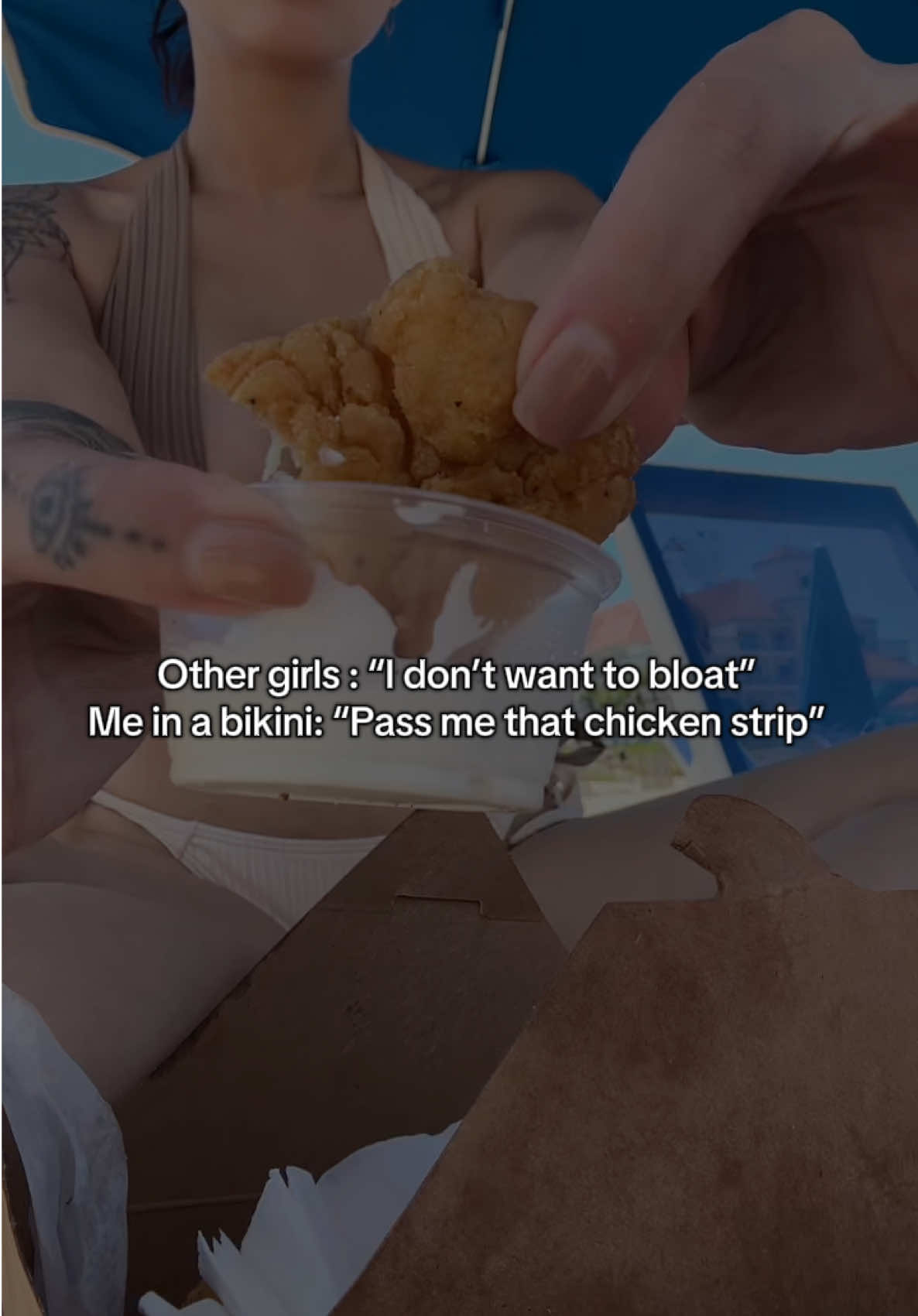 Hot girl summer = beach + bikini + chicken strips. In that order. #fyp #chickenstrips #beach #beachwear 