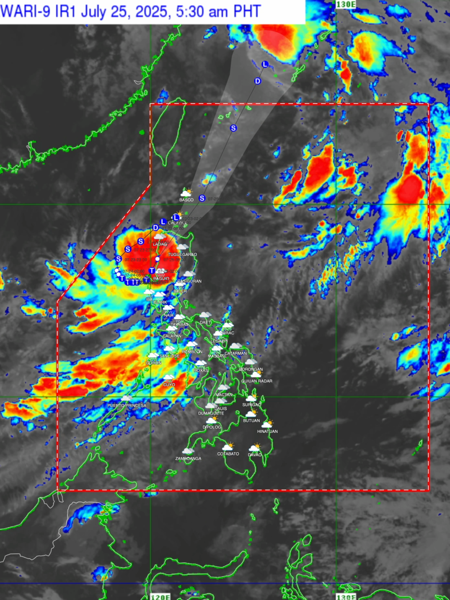 Humina ang Bagyong #EmongPH bilang severe tropical storm. Huling namataan ang sentro nito sa vicinity ng San Isidro, Abra, base sa 8:00 AM update ng PAGASA. Nag-landfall ang bagyo sa vicinity ng Candon City, Ilocos Sur kaninang 5:10 AM. Posible itong dumaan malapit sa Batanes mula mamayang hapon o gabi at patuloy na kikilos pa-north northeastward hanggang sa lumabas ng Philippine Area of Responsibility bukas ng umaga o tanghali, base sa forecast track ng ahensya. Courtesy: PAGASA’s PANaHON Interactive Weather Map