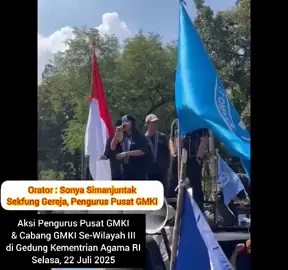 *Lawan Intoleransi, Tegakan Konstitusi !* Pengurus Pusat GMKI Sekretaris fungsional Gereja yakni Sonya Simanjuntak  dan Cabang-cabang di Wilayah 3 (Bogor, Bekasi, Depok, Jakarta Barat, Jakarta Pusat, dan Tanggerang Selatan) menggelar aksi di Kantor Kementerian Agama, Selasa, 22 Juli 2025.  terkait bahwasanya negara telah abai terhadap kasus Intoleransi. @Sonya Simanjuntak 