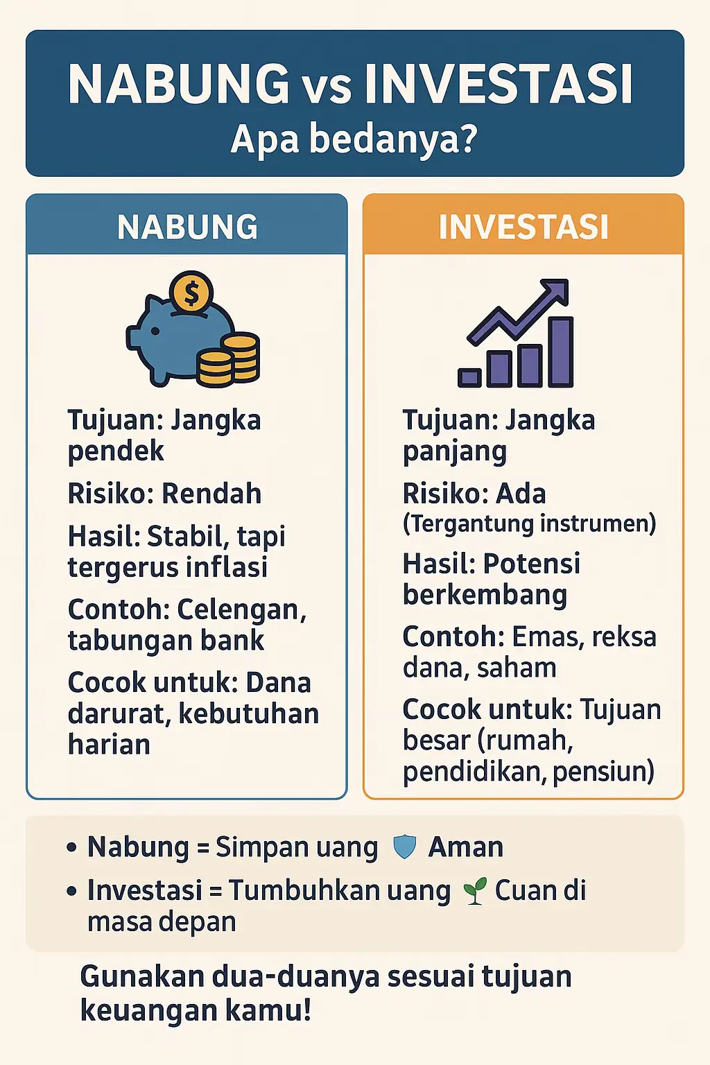 Banyak orang masih bingung, mending simpan uang atau investasikan? Jawabannya: dua-duanya penting! Tapi beda tujuan. 🔹 Nabung = Simpan buat kebutuhan mendesak 🔸 Investasi = Tumbuhkan uang buat impian jangka panjang 💡 Yuk mulai bijak kelola uang dari sekarang. Gabungkan nabung & investasi supaya keuangan makin sehat! — 💬 Kalau kamu masih tim nabung aja, atau baru mau mulai investasi, komen di bawah ya! 👇 — 📲 Follow @finansiana buat konten finansial yang ringan, santai, dan gampang dipahami! #f#finansianai#investasipemulac#cuanmudahl#literasikeuanganu#uangpelanpelan #tipscuantiktok #