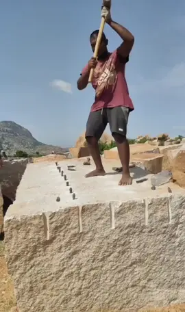 educative-This is a traditional stone-splitting technique often used in granite quarries, especially in parts of India like Tamil Nadu, Andhra Pradesh, and Karnataka. The method is manual and dates back centuries, combining basic tools, human skill, and understanding of stone behavior. The Technique: Plug and Feather Method The line of metal wedges and shims (called plugs and feathers) inserted into pre-drilled holes is the key here. Here's how it works: 1. Drilling: Evenly spaced holes are drilled into the stone using a chisel or power drill. 2. Setting plugs and feathers: Two L-shaped feathers (metal shims) are placed in each hole, and a plug (wedge) is driven between them. 3. Hammering: The man uses a heavy sledgehammer to sequentially strike each plug, gradually increasing the pressure. 4. Splitting: Over time, the internal stress causes the stone to split cleanly along the line of holes. This method allows large blocks of granite or other stone to be split with precision and minimal waste, compared to blasting, which can damage the stone. Despite the availability of machines, this manual splitting technique remains popular in India for several reasons: Machinery is expensive and maintenance-heavy. Labor is more economical in rural quarries. Workers can control the split carefully, producing high-quality, uniform slabs. Manual labour works well in tight or irregular quarry spaces where machines can’t access and unlike blasting, it doesn’t produce dust or noise pollution. The man is likely highly experienced. This craft is passed down generations, especially among families or communities traditionally involved in stonework. Many of these workers are barefoot, as seen here, for better grip and balance on uneven stone surfaces This is a granite hill region, common in southern India, where entire economies revolve around quarrying. Granite is a prized building material both domestically and for export. India is one of the largest granite exporters in the world. States like Tamil Nadu and Andhra Pradesh host thousands of small quarries supplying stone for: Flooring and tiles,Building facades,Monuments and statues,Countertops for kitchens and bathrooms While traditional methods are still used, they often work alongside modern cutting equipment in larger operations. This scene captures more than just stone-breaking. It reflects human endurance, ancient technique, and a deep relationship with earth materials. It’s an example of how manual skill survives alongside machines—not just due to poverty, but due to its effectiveness, cultural continuity, and surprising precision.