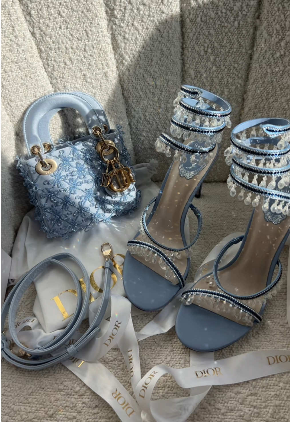 baby blue matching bag and heels unboxing ✨🩵 I am absolutely in love with both of these embroidered crystal satin pieces 😩 links are in my bio 💖