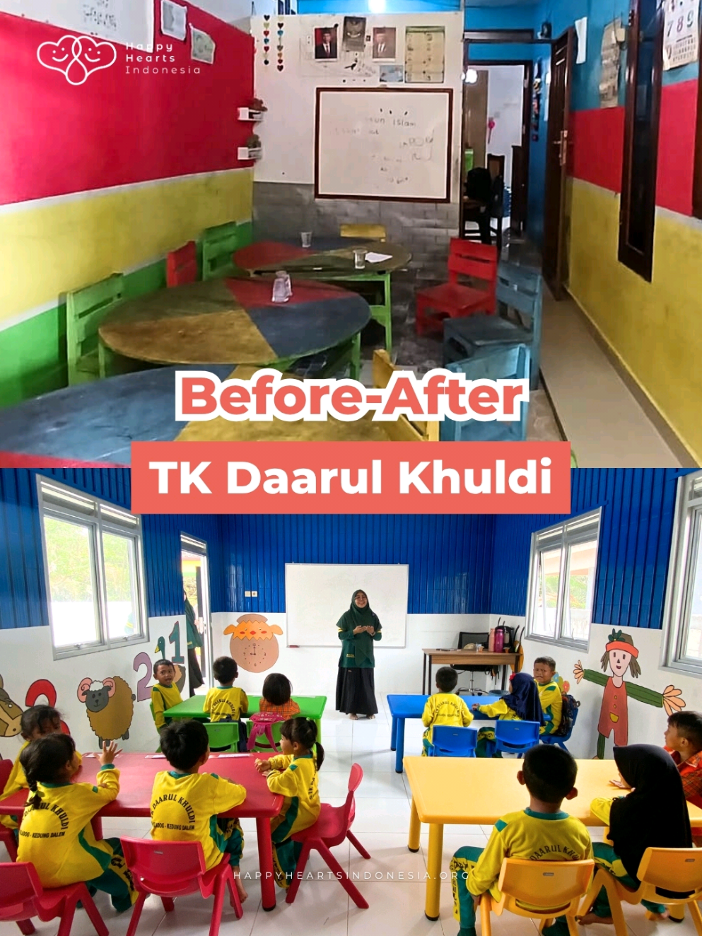 Since 2021, TK Daarul Khuldi has been providing early education in Kiladog Sub-Village—inside the principal’s house. Two tiny 2.5 x 3 meter rooms on his terrace serve as classrooms for 33 students. When it rains, classes move into his living room because the roof leaks. The school has no proper toilets, no furniture, and lacks basic educational toys—making learning uncomfortable and limited. This small school urgently needs safe classrooms, sanitation, and better learning tools so children can learn with dignity and joy. But now, everything has changed. 💛 Thanks to the generous support, PT Lautan Luas Tbk, the school has a brand-new building made from recycled plastic waste—equipped with classrooms, furniture, toys, a toilet, a handwashing station, and even a playground. TK Daarul Khuldi is now a safe, joyful place where children can finally learn, play, and grow. Let’s bring this transformation to more villages across Indonesia. Tap the link in bio to make your CSR turn hopes into schools. #HappyHeartsIndonesia #RenovasiSekolah #Indonesia #Pendidikan #Education #beforeafter #sekolah  #before #after #CSR #ReachHHIgher #beforeafterhhi #CorporateSocialResponsibility #CSRIndonesia #bangunsekolah #sekolahindonesia #pendidikanindonesia 