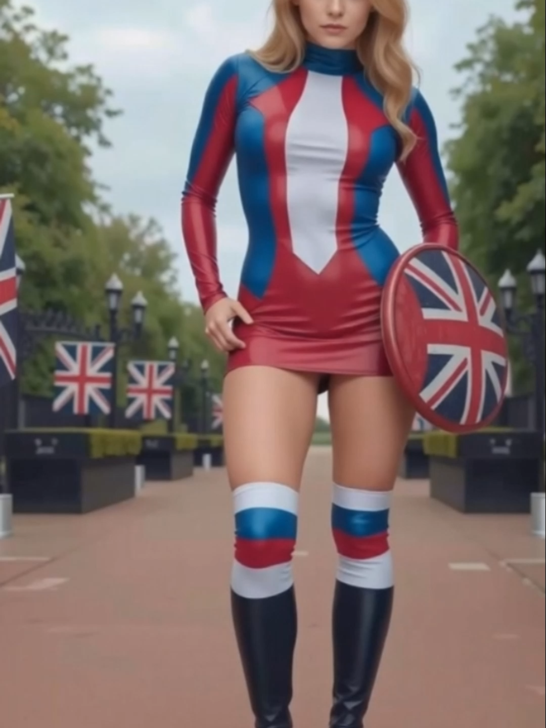 Flying the flag! #superhero #superherogirls #dccomics #dc #captainbritain #londongirl #britishgirl #fyp #cosplayersoftiktok #foryoupagе #foryoupage❤️❤️ #aibeauty #fantasy #fyppp #aiart #fypai #cosplay #blondegirls #unionjack