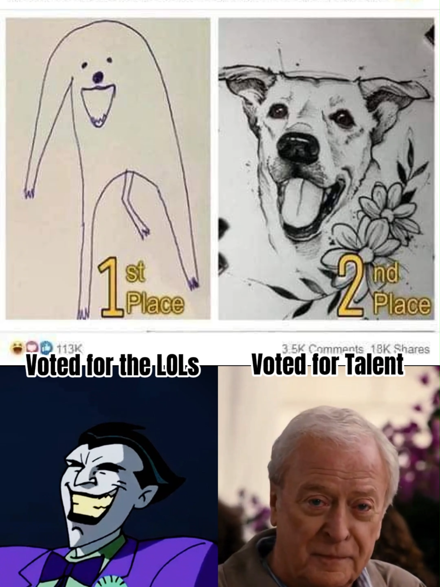 The internet chose violence 💀 1st place: Memers voted for LOLs 2nd place: Real ones voted for talent 🙏 Drop a comment — which side are YOU on? 👇 #memes #funnyshorts #artcontest #joker #dogdrawing #reactionvideo #realones #votedwrong #viralshorts #memevideo #tiktokmemes #chaosvstalent