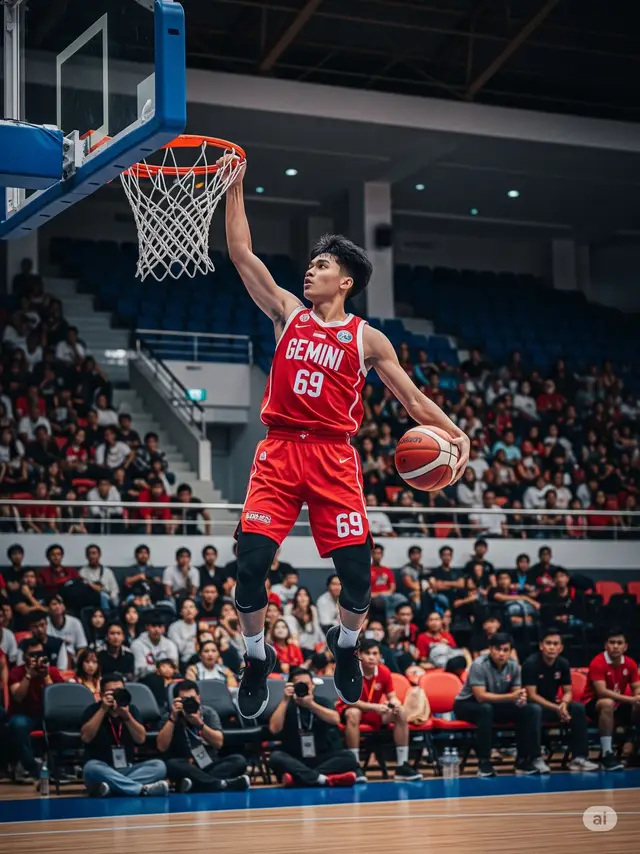 Prompt : Buatkan foto menampilkan seoramg pria muda Indonesia berbadan ramping,kulit coklat, rambut middle part hitam, seorang pemain bola basket, melayang di udara saat melakukan slam dunk. Ia mengenakan seragam Basket berwarna merah dengan nomor punggung 69 dan tulisan 