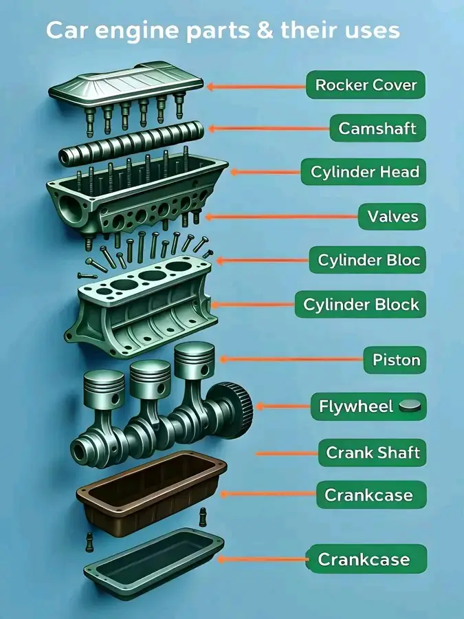 The main parts of a car engine and their functions. Each component is shown in an exploded view, allowing us to see the order and position of its installation in the engine. Here's an explanation of each part: Rocker Cover The top cover of the engine that protects the rocker arms and keeps oil in the cylinder head. Camshaft The camshaft that regulates the opening and closing of the valves according to combustion timing. Cylinder Head The upper part of the engine's combustion chamber, containing the camshaft, valves, and air/fuel inlet/exhaust ports. Valve Regulates the intake of the air-fuel mixture and the exhaust of exhaust gases from the combustion chamber. Cylinder Block The main structure of the engine where the pistons move up and down. Also known as the cylinder block. Piston The component that moves up and down in the cylinder to convert combustion energy into mechanical energy. Flywheel The flywheel stores the rotational energy from the engine and helps maintain a stable engine speed.  Crankshaft The crankshaft converts the up-and-down motion of the pistons into rotary motion to drive the vehicle's wheels. Crankcase The lower housing of the engine that houses the crankshaft and often also serves as a reservoir for engine oil. Overall, this diagram shows how engine parts work together in the internal combustion cycle to produce power for the vehicle. It is very useful for mechanical training or basic automotive education. #Infinitycarspares⚙️🔩🔧🇿🇦📌✅ 