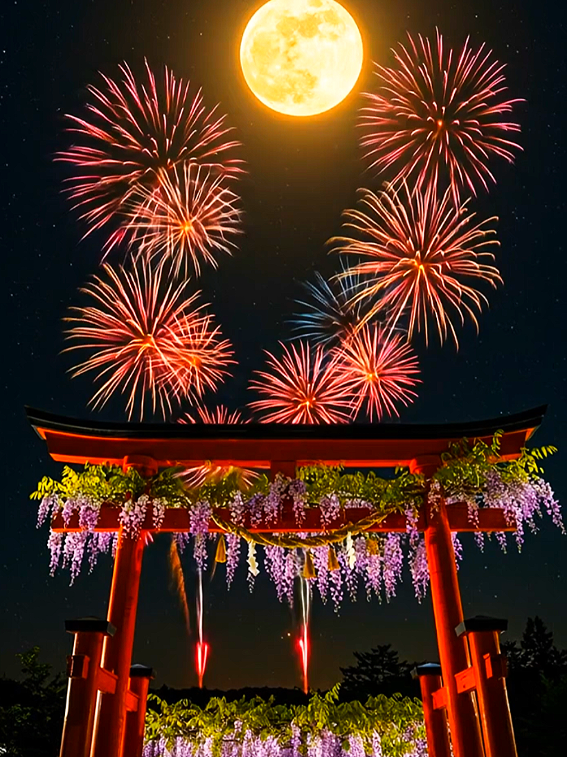 ~花火~ fireworks @癒やし~Healing~ 👈 #癒し #花火 #満月 #鳥居 