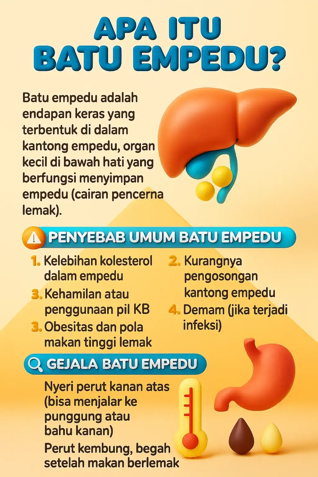 🔍 Kenali Batu Empedu Sejak Dini! Batu empedu adalah endapan keras yang terbentuk di kantong empedu, organ kecil di bawah hati yang menyimpan cairan empedu (pencerna lemak). Jika tidak ditangani, batu empedu bisa menyebabkan nyeri hebat hingga komplikasi serius. 🛑 Penyebab Umum Batu Empedu: Kelebihan kolesterol dalam empedu Kurangnya pengosongan kantong empedu Kehamilan atau penggunaan pil KB Obesitas dan pola makan tinggi lemak Infeksi (bisa menimbulkan demam) ⚠️ Waspadai Gejalanya: Nyeri di perut kanan atas yang bisa menjalar ke punggung atau bahu kanan Perut terasa kembung, begah, terutama setelah makan berlemak 🌱 Cegah dengan Gaya Hidup Sehat: Konsumsi makanan rendah lemak Jaga berat badan ideal Aktif bergerak dan rutin berolahraga 👉 Jangan abaikan gejalanya! Konsultasikan ke dokter jika Anda mengalami keluhan yang mencurigakan. #kesehatan #edukasikesahatan #infokesehatan #sehatgamahal #katakata #motivasi #fyp 