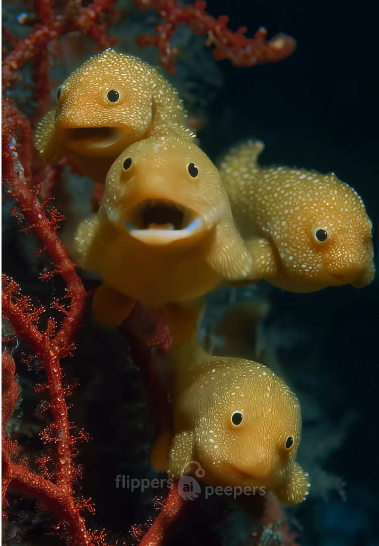 Just Look at These Round Yellow Squeakers Stories from the depths of a sea that exists only in my imagination: I noticed these little yellow puffs hiding in the coral branches.  I didn’t expect to hear such strange sounds from fish — but it was kind of funny. #ai #fantasycreature #creature #lumpsucker #fish