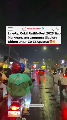 ⏩Unilife Fest 2025 Siap Guncang Lampung, Hadirkan Pamungkas hingga Rony Parulian🔥 . . Festival musik paling ditunggu tahun ini, Unilife Fest 2025, akan digelar pada 30–31 Agustus di Lampung. Sejumlah musisi ternama siap tampil dan mengguncang panggung dua hari penuh.✨ . . 👇🏻Line-up yang sudah dikonfirmasi antara lain: . ⏩Pamungkas ⏩Parade Hujan ⏩Banda Neira ⏩Rony Parulian ⏩dan masih banyak lagi. . Festival ini menjanjikan lebih dari sekadar konser. Lagu-lagu yang dibawakan akan mengajak penonton bukan hanya bernyanyi, tapi benar-benar merasakannya. . . 🎫 Tiket terbatas!👇🏻 Segera dapatkan melalui link di bio Instagram resmi mereka:  @unilife.festival . . #UnilifeFestival #BeritaLampungid #KonserLampung#KonserRasa