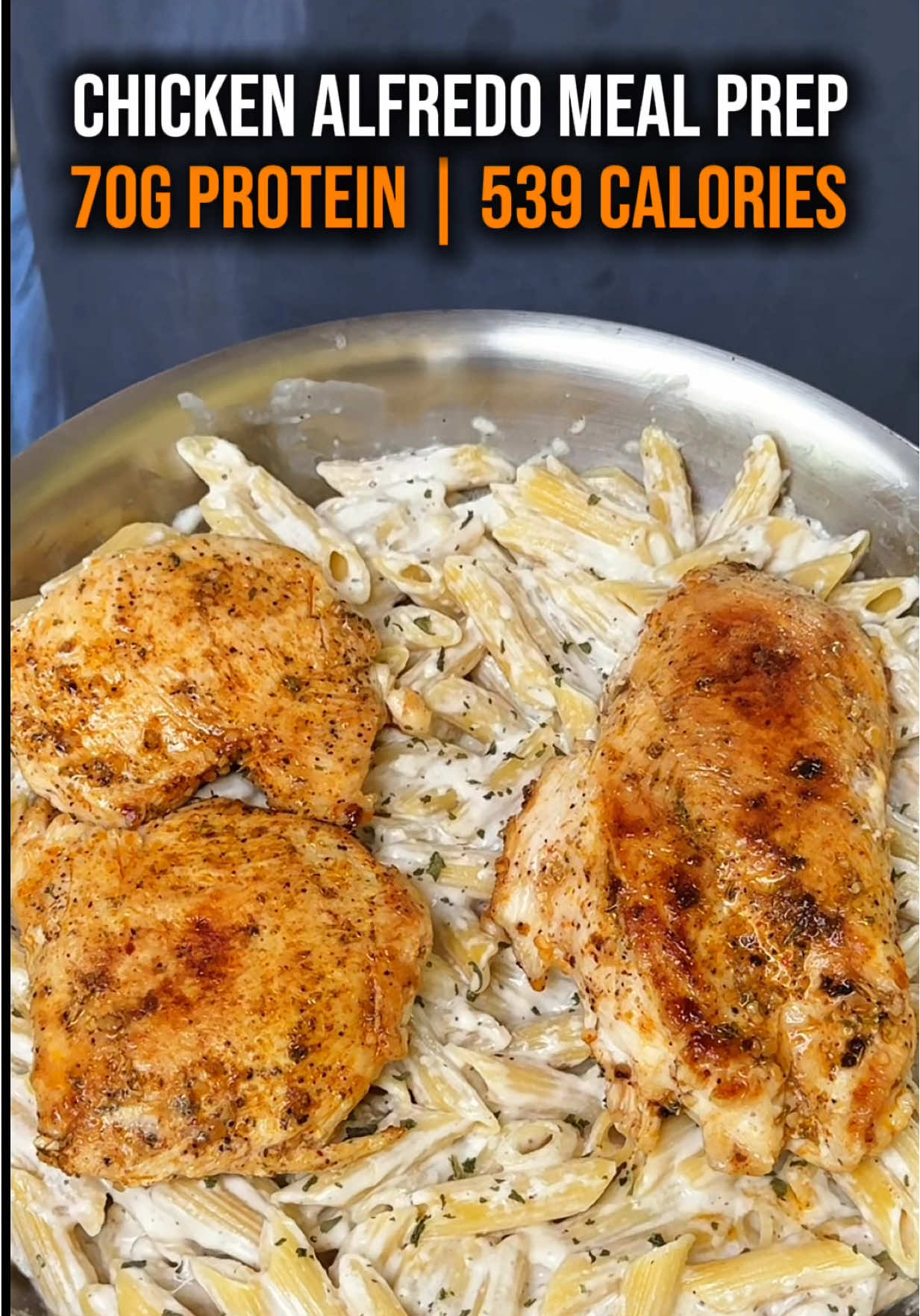 🔥 High-Protein Chicken Alfredo Meal Prep  🍗 Macros (per serving): 539 calories 70g Protein | 10g Fat | 41g Carbs  📖 Verse of the day: Hebrews 12:11 “No discipline seems pleasant at the time, but painful. Later on, however, it produces a harvest of righteousness and peace for those who have been trained by it.” Full Recipe: For the sauce: * 1½ cups low-fat cottage cheese * 1½ cups Parmesan cheese * 1 cup Fairlife skim milk * ¼ cup pasta water * 1 tsp garlic * ½ tsp salt * 2 tsp Italian seasoning Steps: 1. Boil your pasta according to the box instructions. 2. Butterfly 24 oz chicken breast, season, and cook until done. Dice it up once it’s cooked. 3. Blend your sauce ingredients until smooth. 4. On low heat, add the sauce to your pan. if the sauce gets too hot, the cheese lipids will break and turn grainy and it won’t stick to your pasta well. That’s what happened in my recipe, but, I couldn’t bother re-filming haha. Then add the pasta. Then fold in the chicken. 5. Optional: Mix in some cooked broccoli or spinach to sneak in some greens